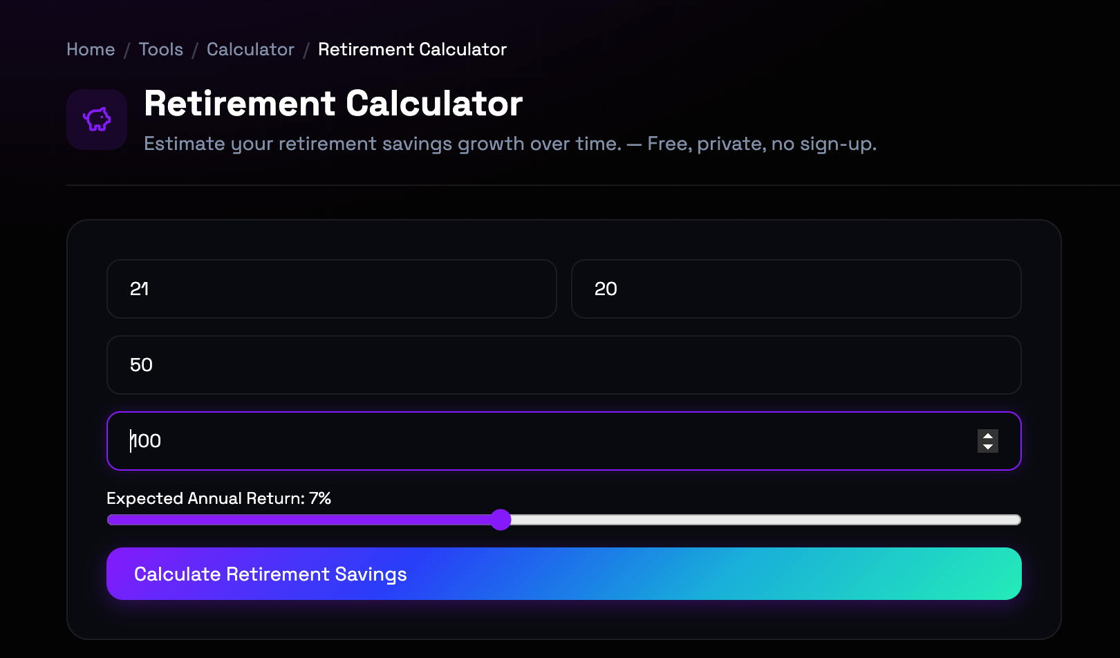 How to use Retirement Calculator online — free, fast, and private